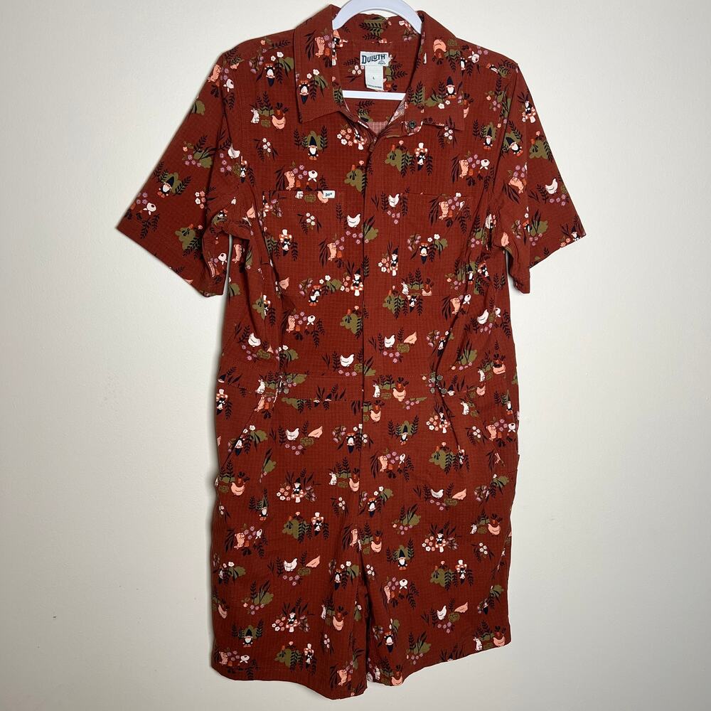 DULUTH Heirloom Coveralls Shorts Rust Chickens Gnomes Romper UPF Homestead Large